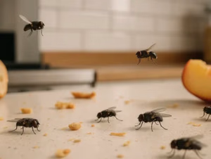 Several house flies on a kitchen countertop among bread crumbs and a sliced peach