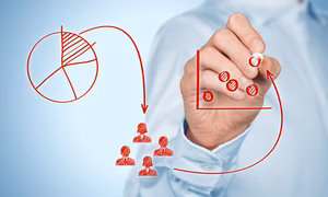 Hand drawing a red infographic: pie chart, arrows to a team of six icons, and a bar chart on a blue background.
