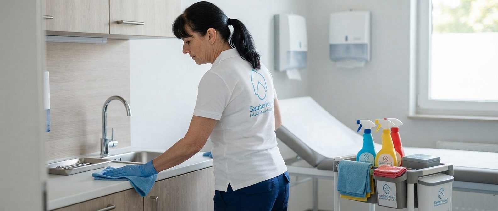 Praxisreinigung Kรถln โ Reinigungskraft desinfiziert einen Behandlungsraum