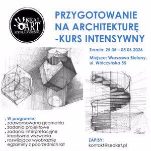 egzamin_na_Acrhitekturę_kurs_warszawa_przygotowanie | Sealart szkoła rysunku Poster advertising an intensive architecture prep course with a blue title and architectural sketches on the right; left features a circular 'Seal Art' logo.