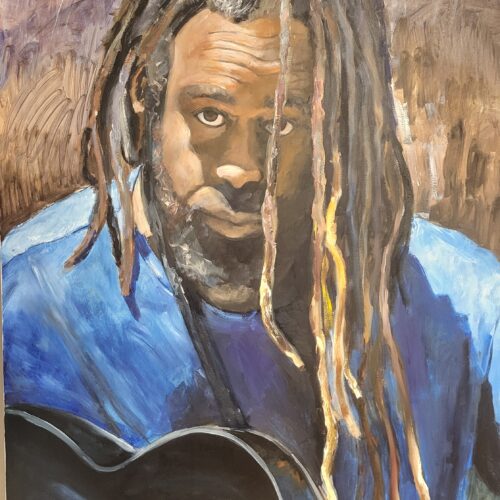 kurs_malarstwa_Sealart_Szkola_rysunku_nauka_zajęcia_z_malarstwa | Sealart szkoła rysunku Portrait of a man with long dreadlocks wearing a blue shirt, holding a dark guitar against a purple-brown background, painted in loose brushstrokes.