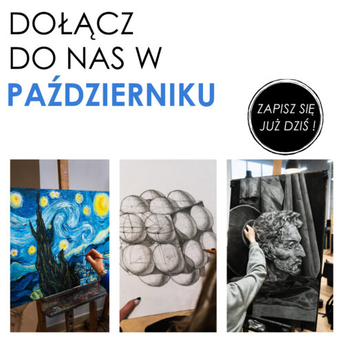 sealart_szkoła_rysunku_kurs_rysunku_nauka_zajęcia_dla_dzieci_architektura_asp_malarstwo | Sealart szkoła rysunku Artist's studio with three canvases in progress: a Van Gogh–inspired starry night scene, a geometric sphere sketch, and a grayscale drapery study; a hand holds a brush nearby.