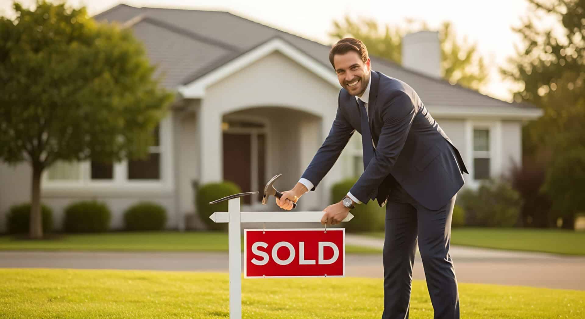 Smiling realtor removes ‘Sold’ sign with a hammer in front of a suburban house during daytime Smiling realtor removes 'Sold' sign with a hammer in front of a suburban house during daytime