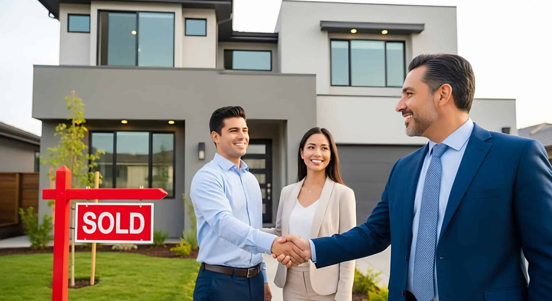 Realtor shaking hands with happy couple after successfully selling modern house in suburban neighborhood Realtor shaking hands with happy couple after successfully selling modern house in suburban neighborhood