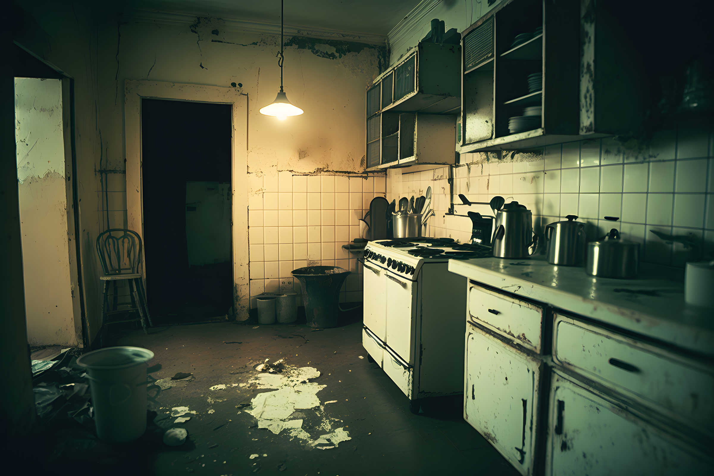Compulsive Hoarding Syndrom – messy kitchen with pile of dirty dishes. Neural network AI generated Selling a Fire or Water Damaged House in Marysville, Ohio: Your Options Explained