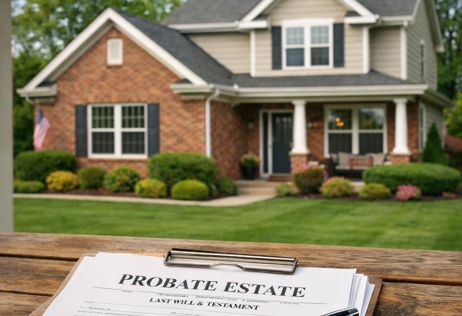 sell-house-probate-columbus-ohio-hero-1a Probate real estate sale concept in Columbus Ohio with house and legal documents