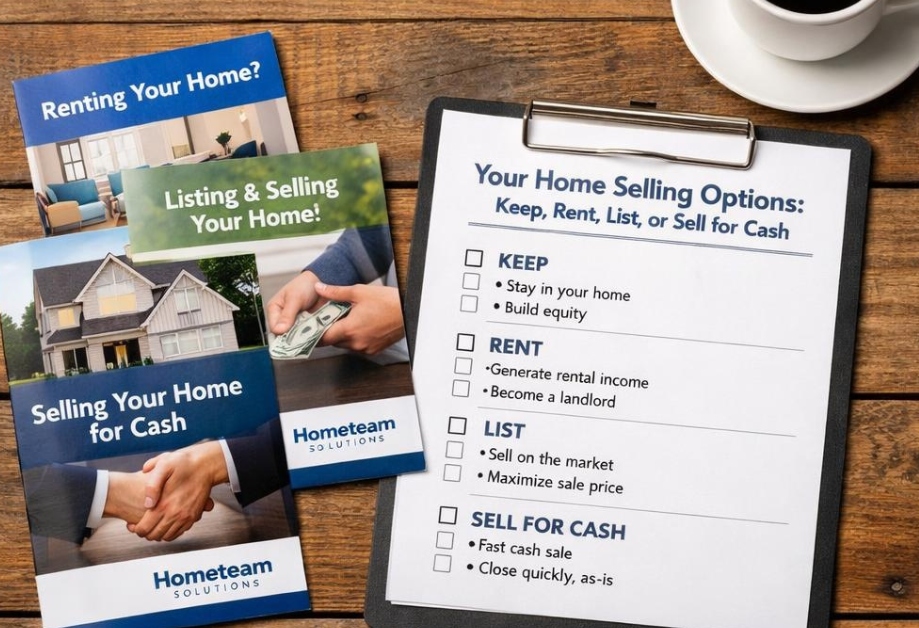 Visual representation of home selling options including keep, rent, list, or sell for cash