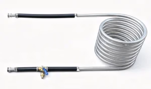 Backyard Wood Burning Hot Tub Heater Coil A4 with Hose Kit and Drain Valve close-up