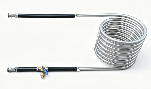 Backyard Wood Burning Hot Tub Heater Coil A4 with Hose Kit and Drain Valve close-up