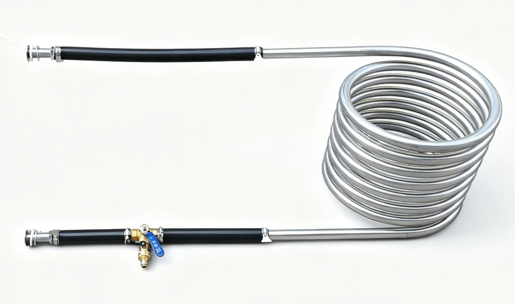 Backyard Wood Burning Hot Tub Heater Coil A4 with Hose Kit Backyard Wood Burning Hot Tub Heater Coil A4 with Hose Kit and Drain Valve close-up