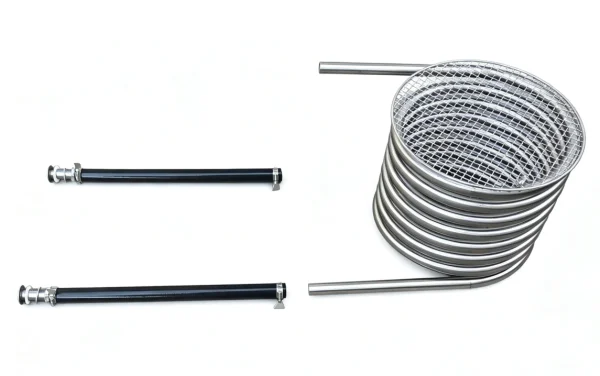Primer plano del intercambiador de calor en espiral para bañera de hidromasaje de leña B2 con parrilla de barbacoa