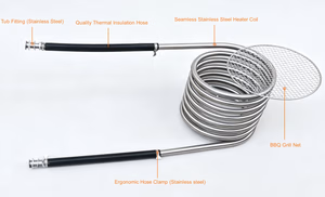 Paquete del kit de intercambiador de calor de serpentín para bañera de hidromasaje de leña B2 Contenido del paquete del intercambiador de calor de serpentín para bañera de hidromasaje de leña, modelo B2, con parrilla para barbacoa y kit de mangueras