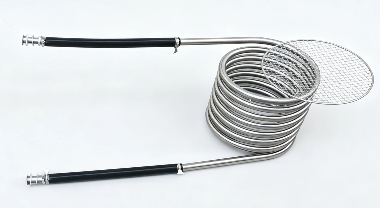Textura del intercambiador de calor de serpentín para bañera de hidromasaje de leña, modelo B2 Intercambiador de calor de bobina para bañera de hidromasaje de leña, modelo B2, con parrilla para barbacoa y kit de mangueras