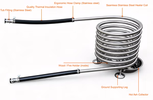 Off-Grid Hot Tub Wood Heater Coil Model C2 with Legs Kit Off-Grid Hot Tub Wood Heater Coil Model C2 with Legs, Wood Holder, Ash Pan and Hose Kit in use