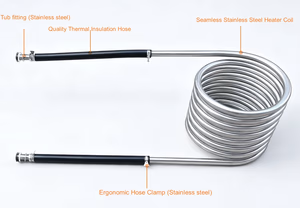 Singema Modell A2 – Heizspiralen-Set für holzbeheizte Whirlpools Singema Modell A2 – Holzbeheiztes Whirlpool-Heizschlangenset – Seitenansicht mit Schlauchanschlüssen