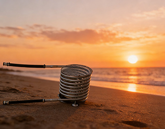 Barrel Hot Tub Wood Burning Coil Model D2 With Support, Wood Holder,BBQ Grille And Hose Kit on beach