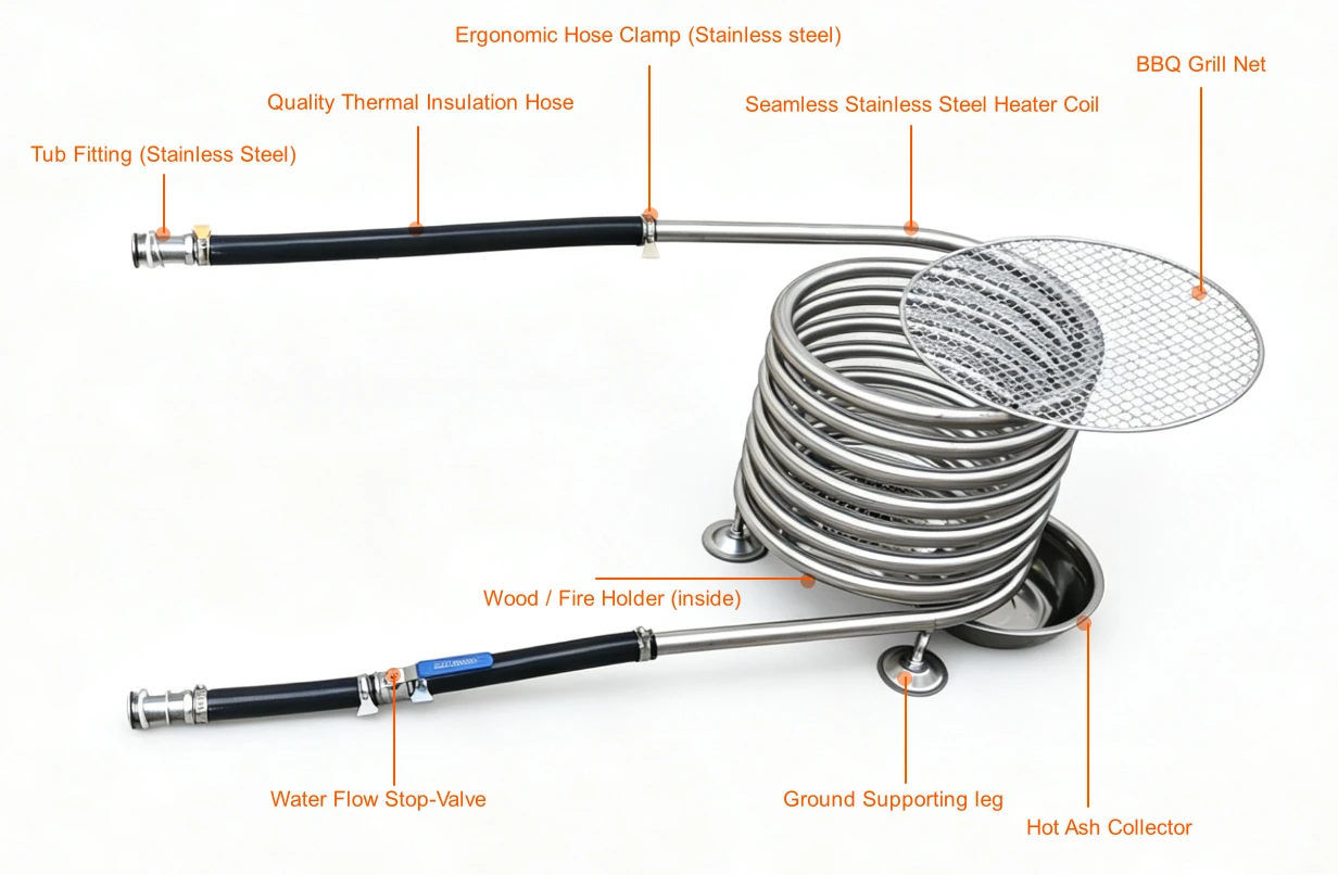 Wood Fired Hot Tub Coil D3 with BBQ Grille & Hose Kit Portable Wood Fired Hot Tub Coil D3 Support Wood Holder BBQ Grille Hose Kit