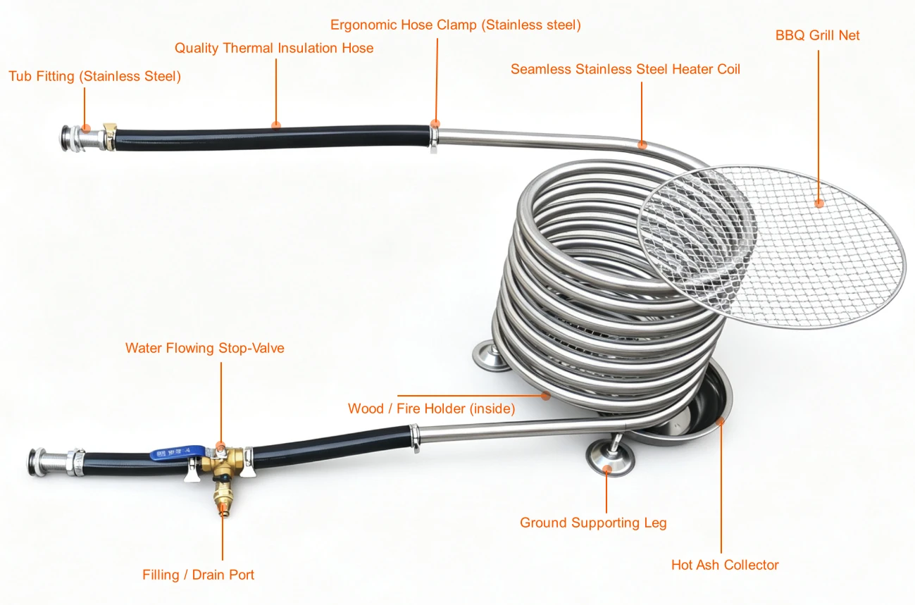 D4 Wood Burning Tub Coil with Support and BBQ Grille External Wood Burning Tub Coil D4 with BBQ Grille and Hose Kit