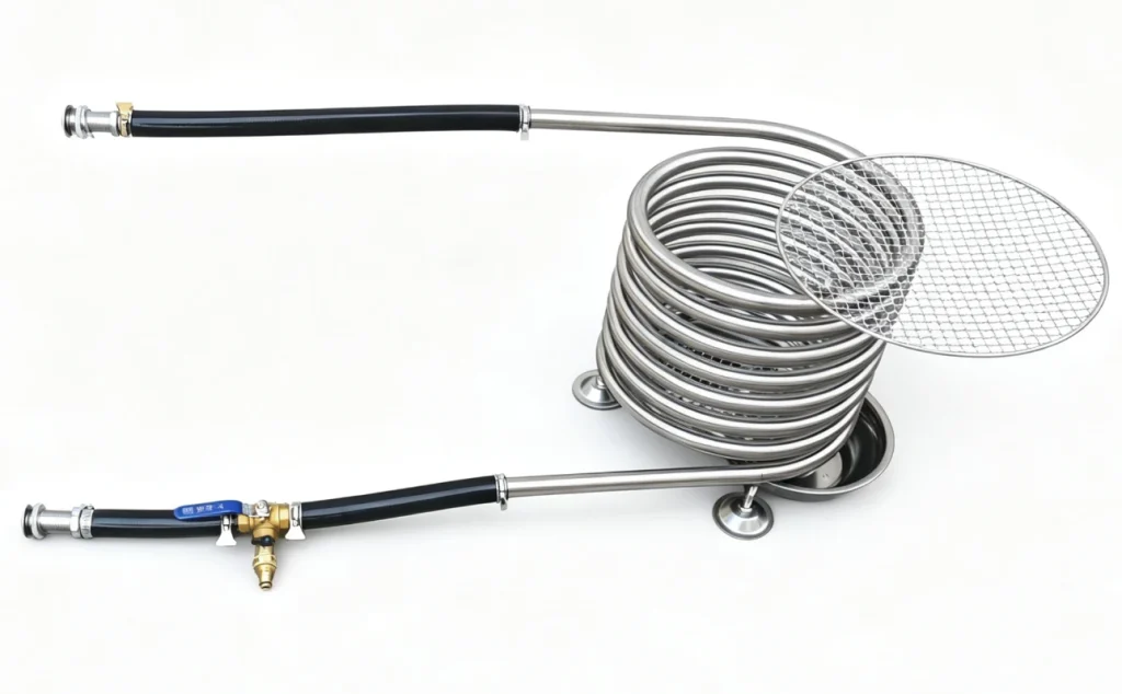 Model D4 Wood Burning Tub Coil Kit Outdoor Setup Model D4 wood burning tub coil kit with BBQ grille in outdoor scene