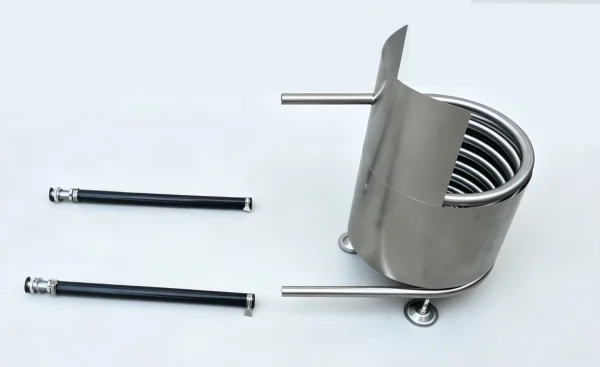 Hot Tub Wood Fired Heater Coil Model E2 with Fireguard and Hose Kit – Side View