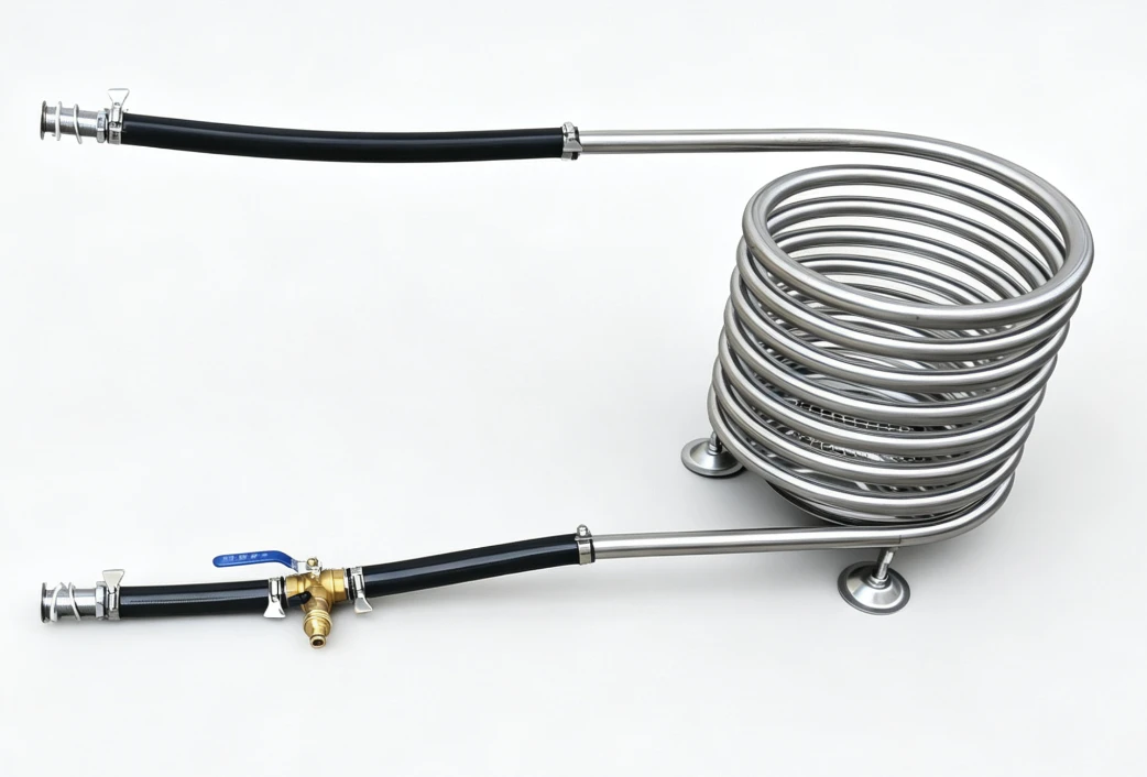Dutch Tub Wood Fired Heater Coil Model C4 – Close-Up Detail Dutch Tub Wood Fired Heater Coil Model C4 with Support – close-up detail of 304 stainless steel coil