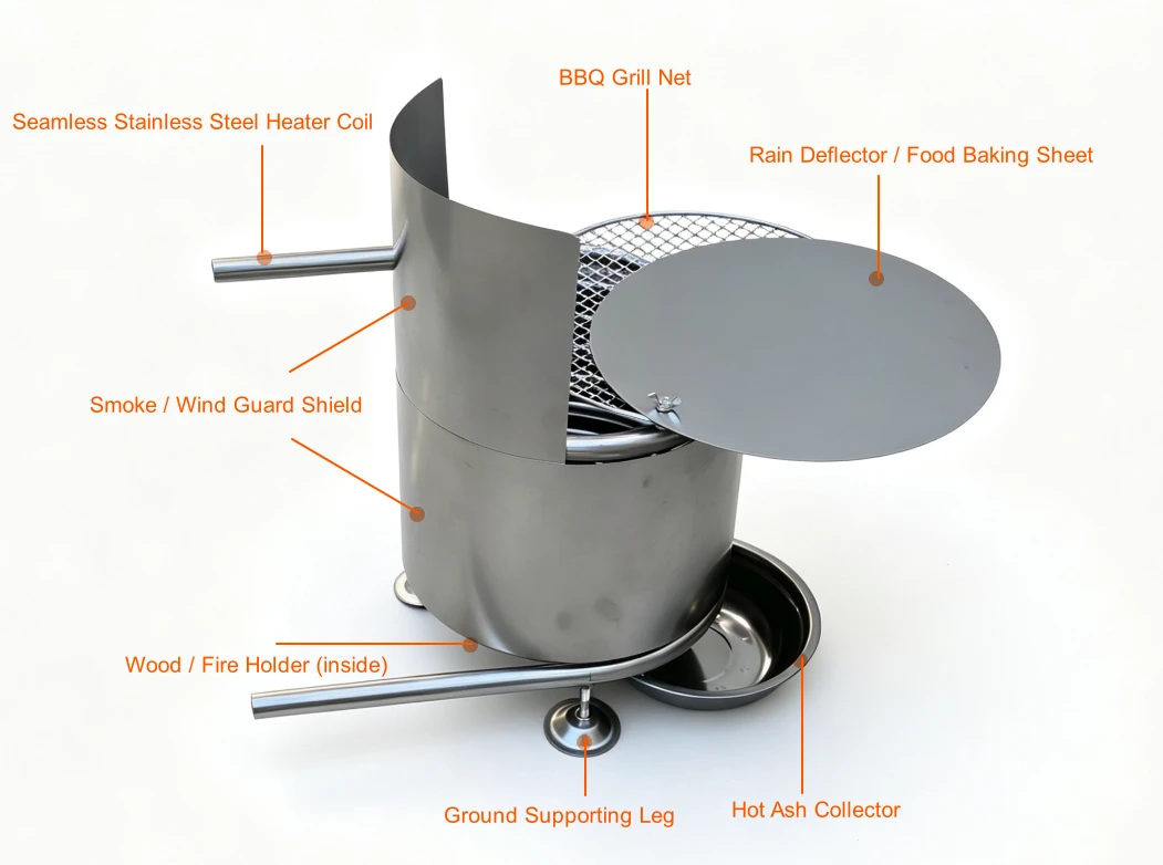 Installation du serpentin de chauffage au bois pour spa non électrique, modèle F1 Fireguard Serpentin de chauffage au bois pour spa non électrique, modèle F1, avec pare-feu, dans un environnement extérieur