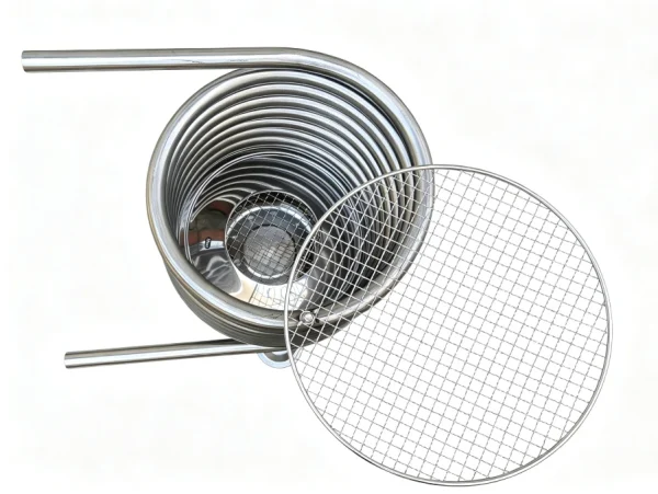 Wood Burning Tub Coil Model D1 with support and BBQ grille close-up detail