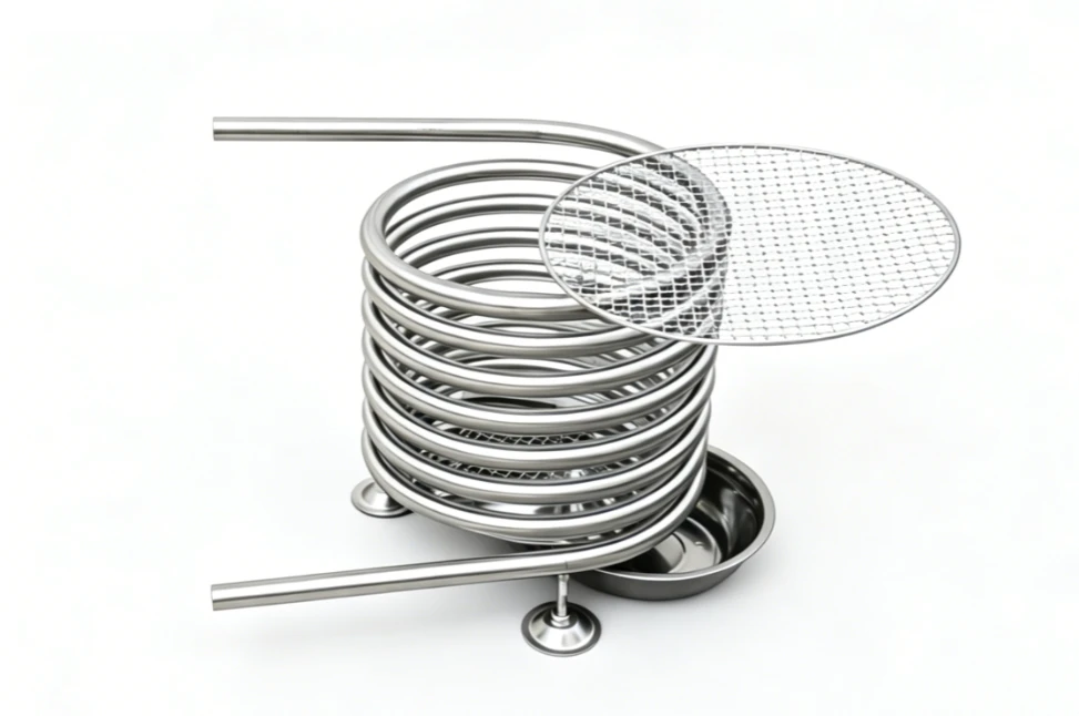 Model D1 Wood Fired Hot Tub Coil with BBQ Grille Wood Burning Tub Coil D1 with Support, Wood Holder & BBQ Grille in outdoor tub