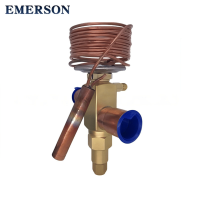 Emerson TRAE+22MC thermostatic expansion valve R134a with 22mm x 28mm connections, top-down flat lay view
