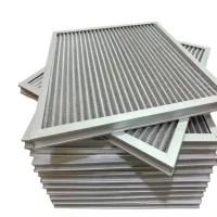 Washable aluminum mesh primary-stage air filter showing connection ports and fitting interface detail for secure HVAC installation