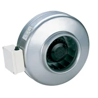 Circular centrifugal duct inline fan Nedfon DJT series showing connection ports and duct fittings interface detail view