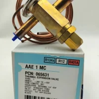 Emerson AAE series thermostatic expansion valve for R134A, R12, and R401A refrigerants, top-down flat lay view