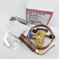 Emerson BAE4-1/2 ZW195 R410A thermostatic expansion valve showing 3/8 x 1/2 inch connection ports and brass fittings