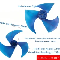 Blue 3-blade condenser fan motor 528x152mm side view