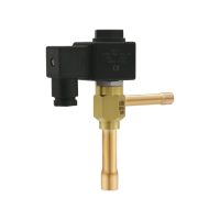 Close-up of Sanhua PEV0-1 electronic pulse expansion valve showing solenoid body and port detail for refrigeration systems