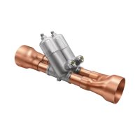 Sanhua VPF12.5H52 electronic expansion valve, side angle view showing compact profile and dimensions for HVAC systems.
