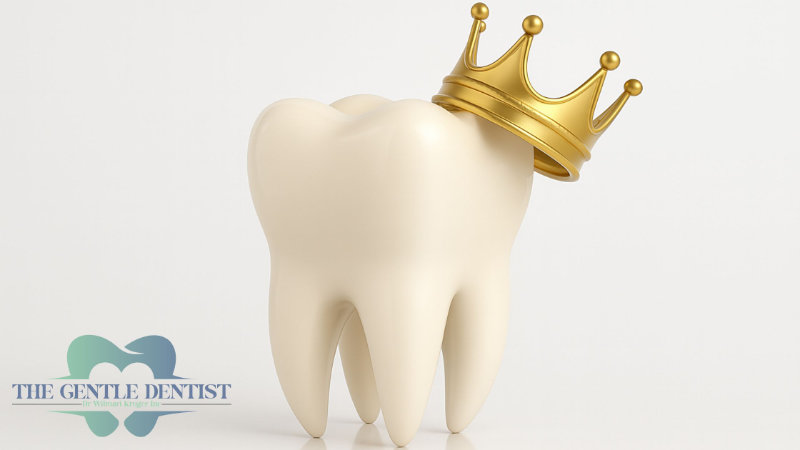 Teeth Whitening Header Tooth with gold crown illustration. Dental crown services at The Gentle Dentist, Centurion.