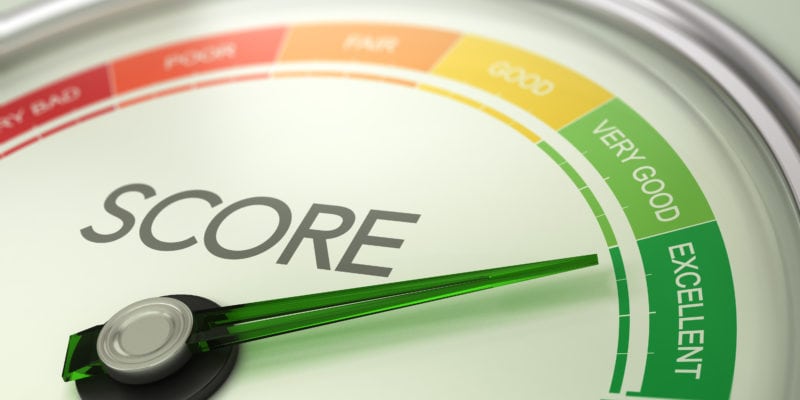 Close-up of a lead scoring gauge indicating excellent prospects for sales.