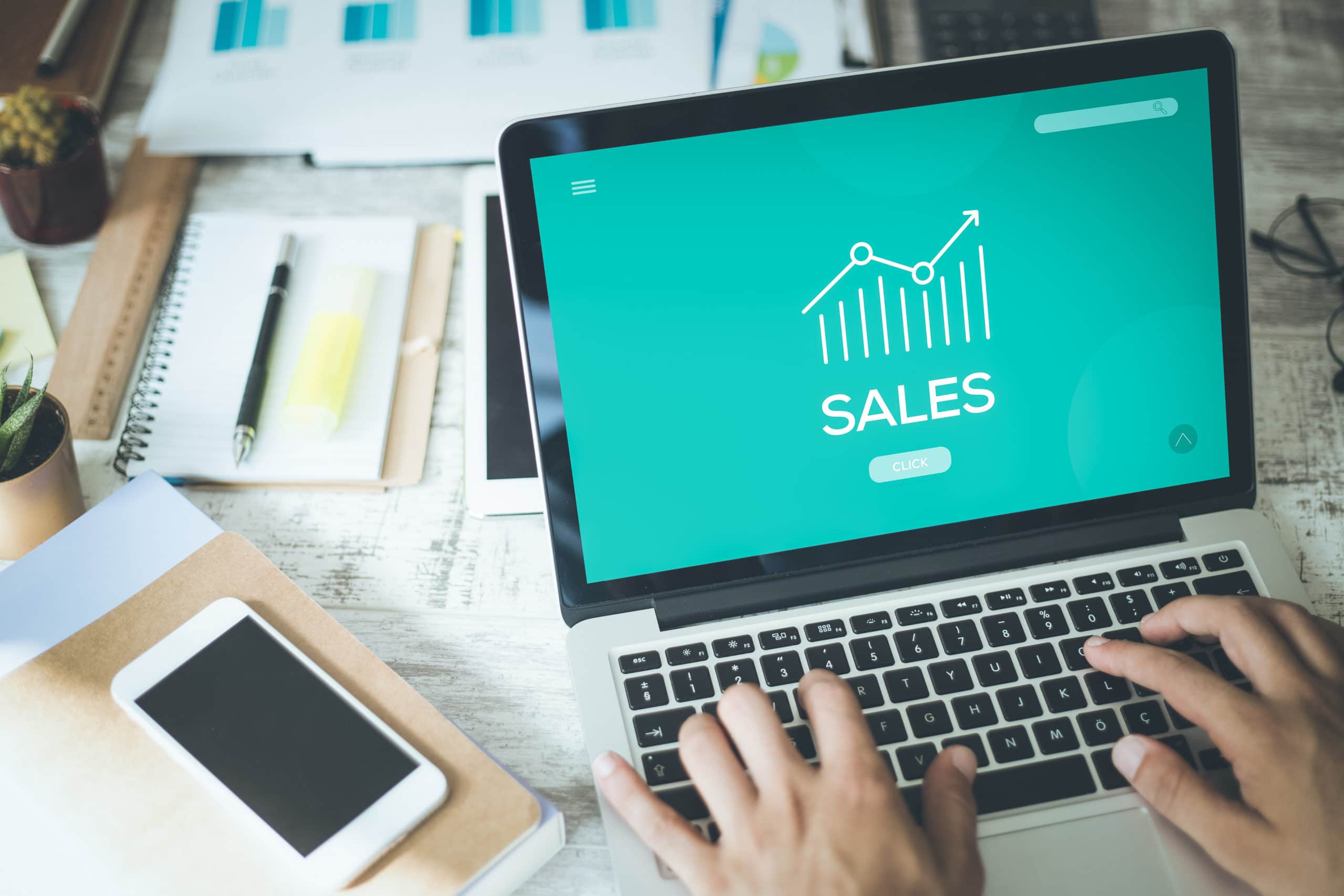 Increase Sales Conversion Strategies for Business Growth laptop screen with sales inreasing