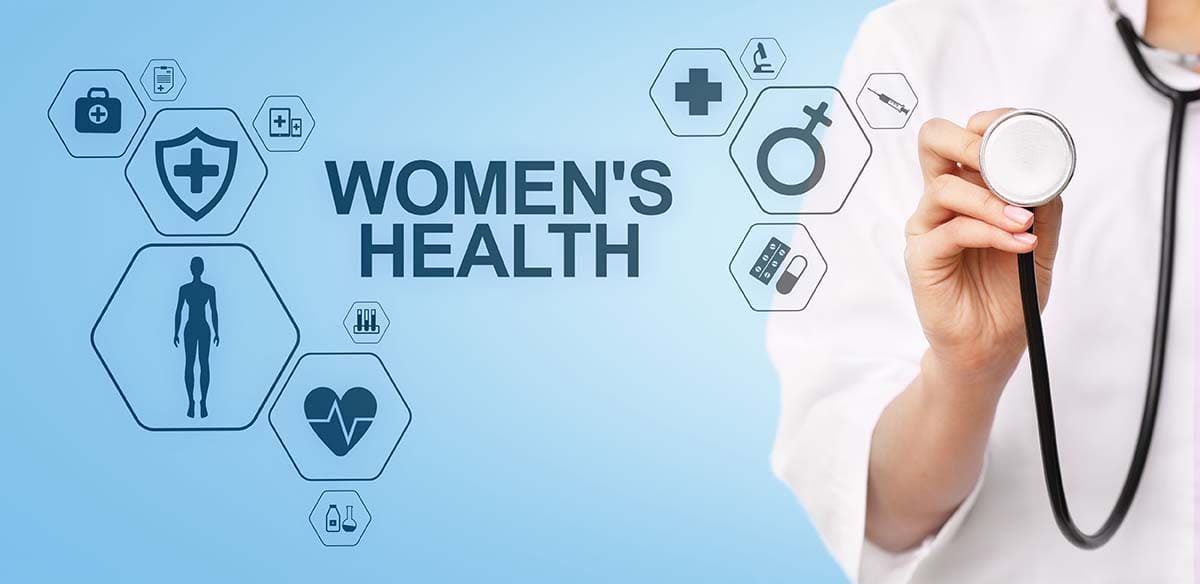 Women's Health Medical Consultation with Doctor Stethoscope Image with health icons and overlay text Women's Health with a doctor holding up a stethoscope in a white lab coat