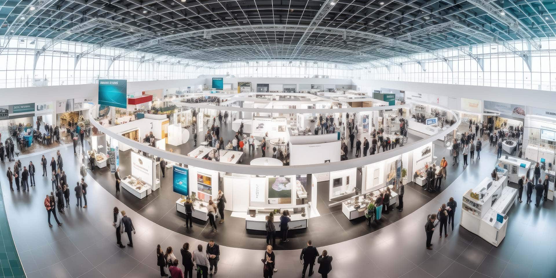 Modern trade show exhibition hall with numerous booths and attendees networking. Qualifying Trade Show Leads