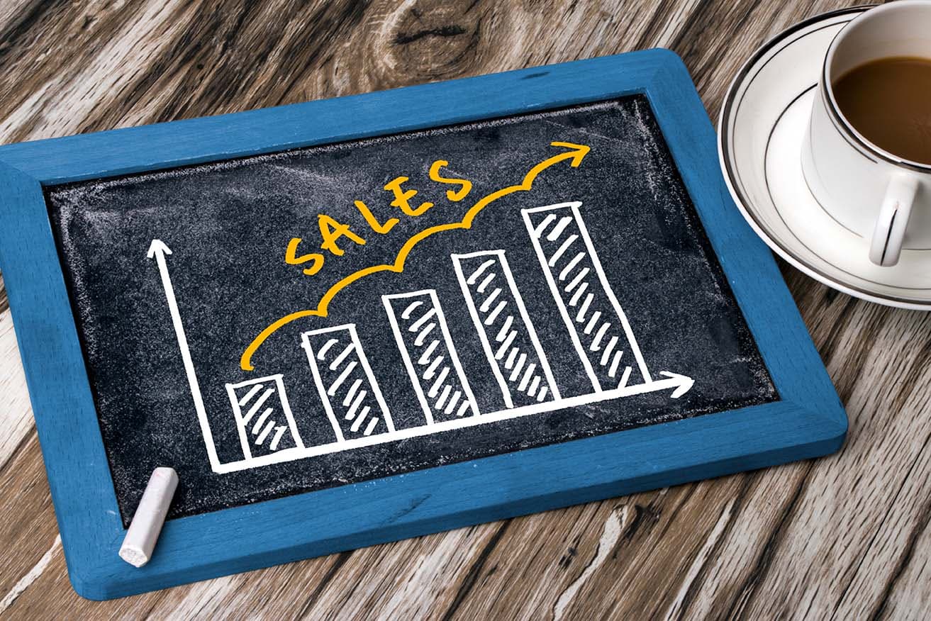 Sales Growth Chart for Lead Qualification Chalkboard with graph drawn and arrow with Speed Up Your Sales Cycle and cup of coffee