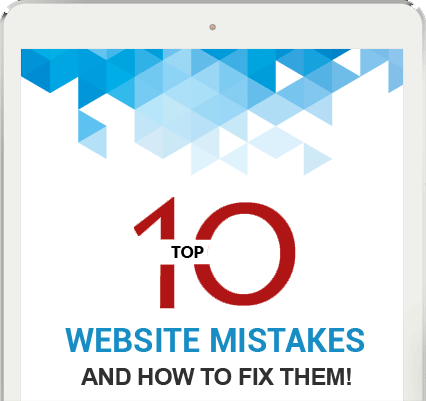 10_website_mistakes(v2) A graphic with blue geometric shapes at the top and text that reads: “Top 10 Website Mistakes and How to Fix Them!” in blue and black lettering.