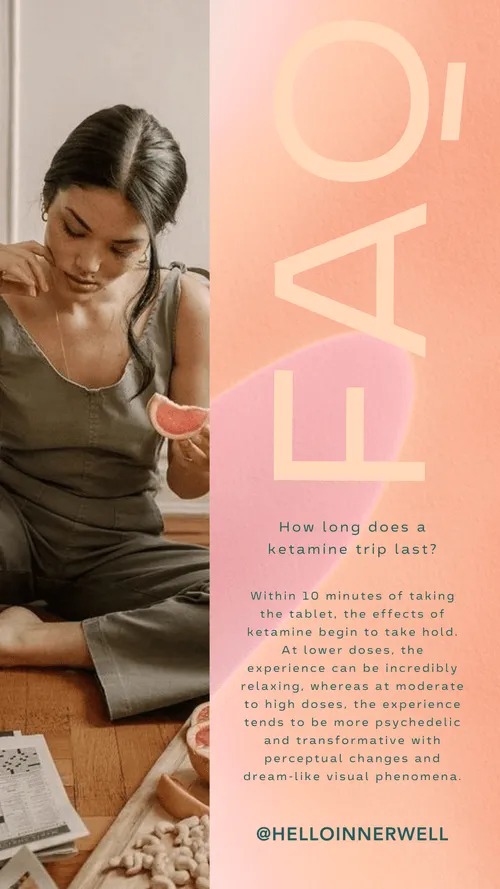65c24cf285e447d91c86d6fb_19 4-p A woman sits at a table holding a sliced grapefruit. The text beside her explains how long a ketamine trip lasts, its effects at different doses, and highlights FAQs—designed in soft pink and orange hues for engaging social media advertising.