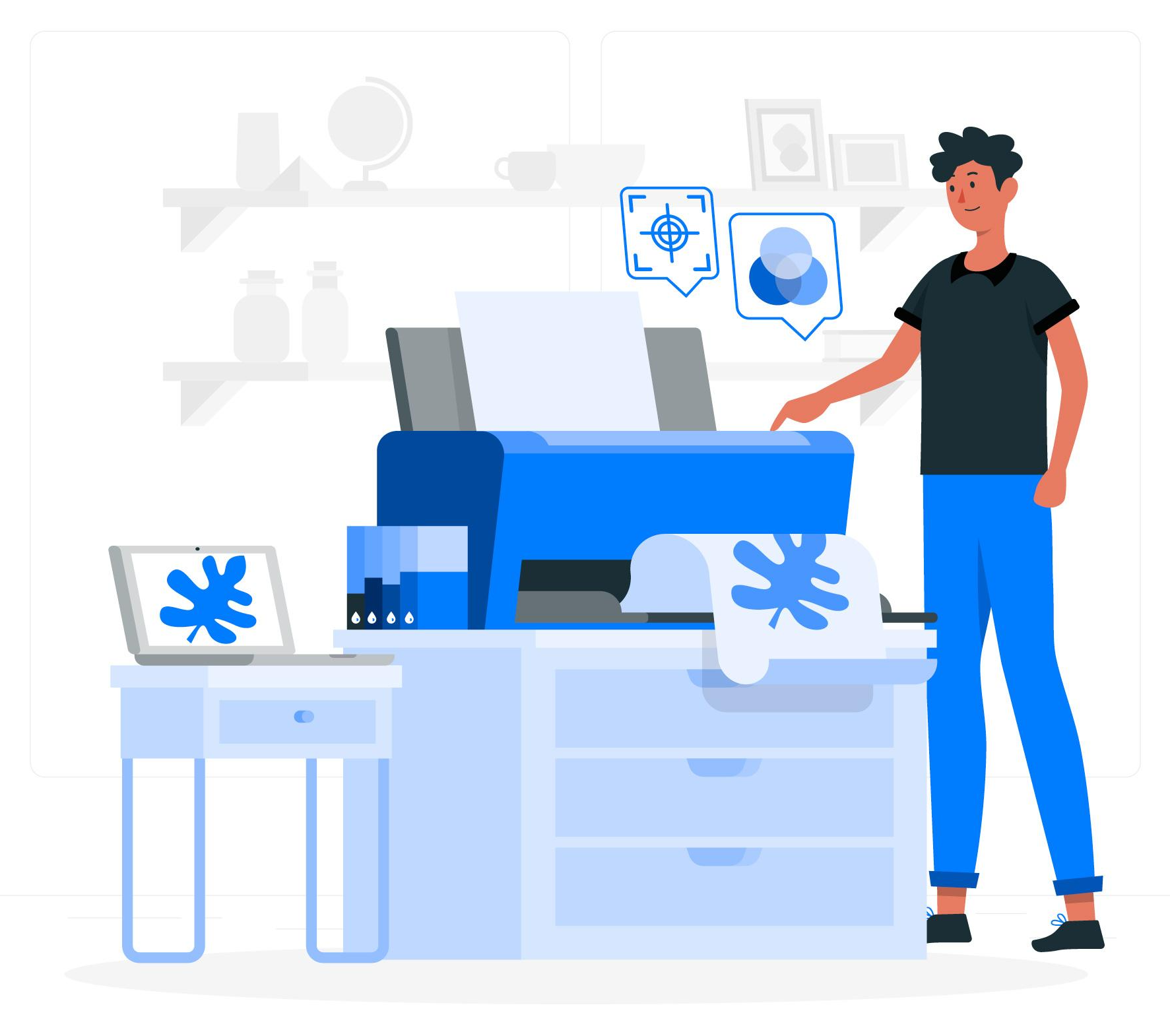 8960468 A person stands beside a large printer on a desk, with a printed T-shirt and laptop nearby. Icons above the printer suggest printing and color selection. The scene is bright and modern.