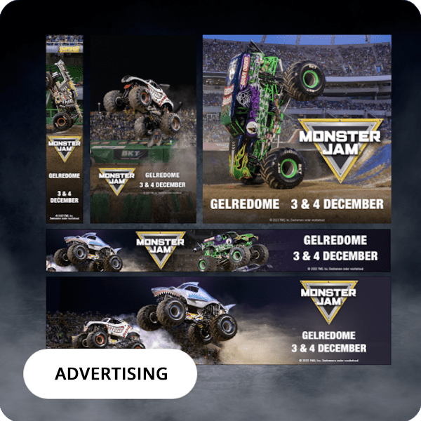 Advertising-Portfolio-IMG Multiple Monster Jam advertising banners, crafted with expert graphic design services, showcase monster trucks performing stunts in an arena. Event details read Gelredome 3 & 4 December with the Monster Jam logo prominently featured.