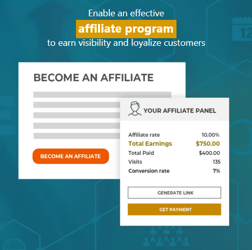 Affiliates A graphic promoting an affiliate program shows a Become an Affiliate button and an affiliate panel displaying stats like total earnings, conversion rate, and payments, with text encouraging earning visibility and customer loyalty.
