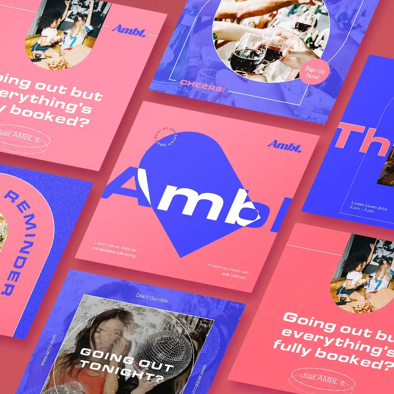 Ambl-Graphics A flat lay of colorful social media graphics promoting Ambi, crafted by a top graphic design company, featuring bold text about going out, reminders, and sign-up prompts, with images of people socializing over pink, blue, and purple backgrounds.