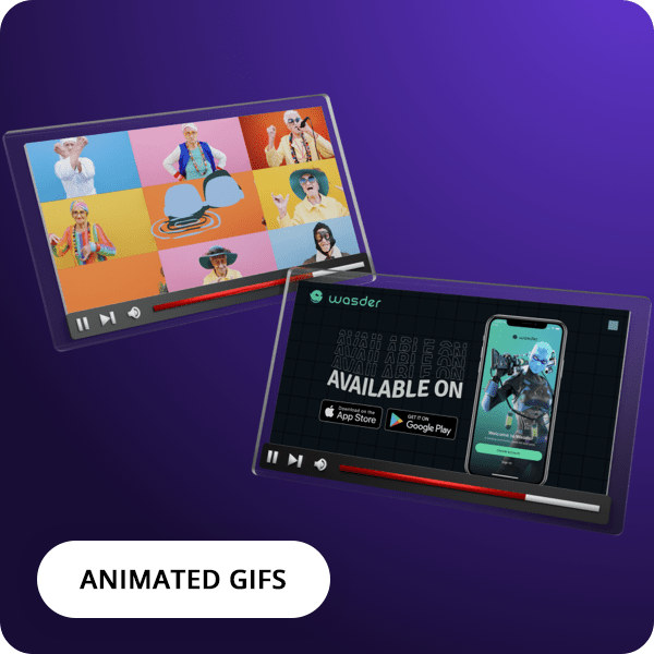 Animated-GIFs-Portfolio-IMG Two video player screens on a purple background: one shows a colorful grid of people reacting; the other displays a Wasder app ad with app store logos and a smartphone. A vibrant display of brand design and digital design. Text: ANIMATED GIFS.