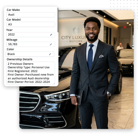 Automotive-CRM-Platform-feat-img-v2 A man in a suit stands smiling beside a black Audi A3 in a dealership showroom. Perfect for effective transportation advertising, the car information panel displays details like make, model, year, color, mileage, and ownership history.